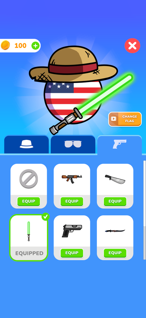 USA Countryball character being customized with a straw hat and a green lightsaber in the weapons menu