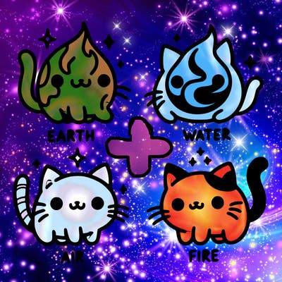 4 cats that represent the different elements, earth, water, air, and fire