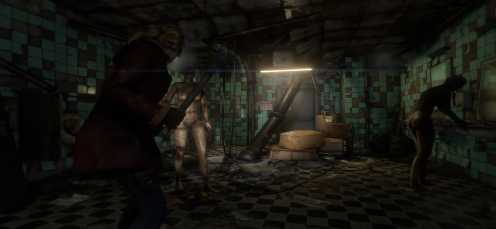 Forgotten Memories: Remastered - Rose Hawkins segurando um cano enquanto encara manequins assustadores em um banheiro escuro em Forgotten Memories Remastered.