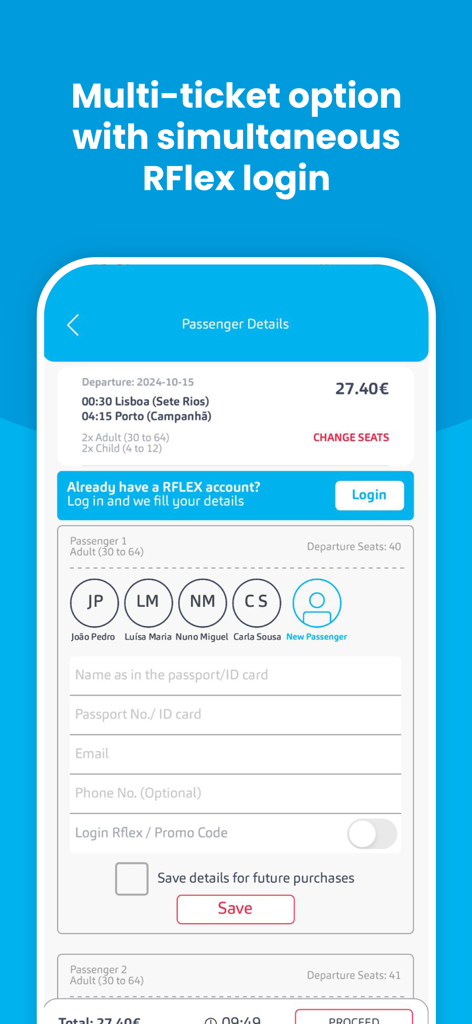 Interface da aplicação Rede Expressos mostrando o formulário de informações do passageiro e o login da conta RFlex para um bilhete de autocarro de Lisboa para o Porto