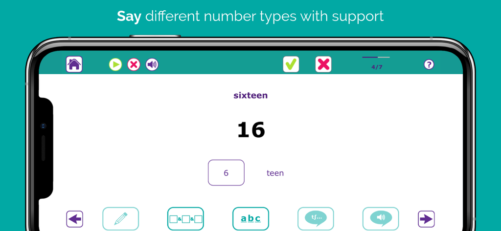 A screenshot of the Number Therapy Lite app showing a verbal expression exercise for the number sixteen.
