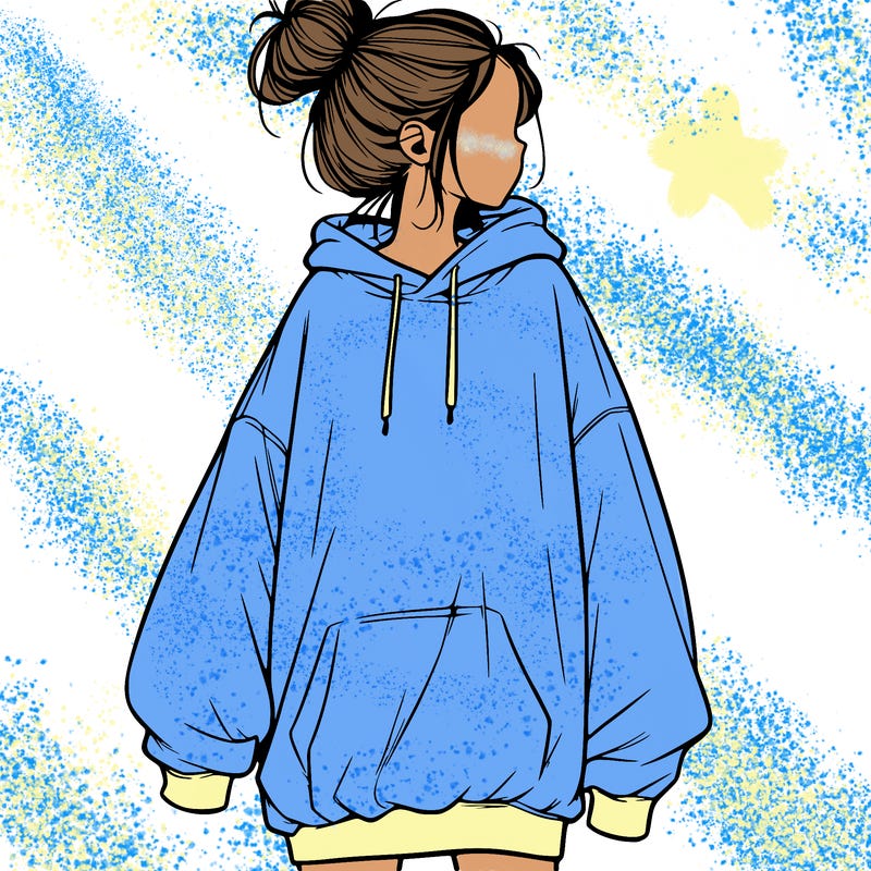 realistic girl with a oversized sweatshirt on and a bun