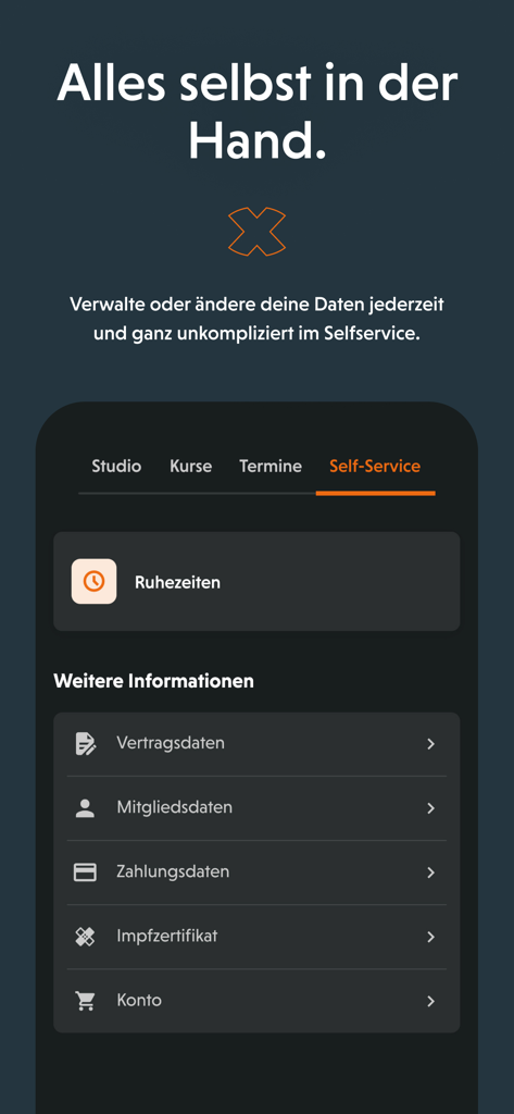 FitX App - Tela do FitX app mostrando opções de gerenciamento de conta e contrato
