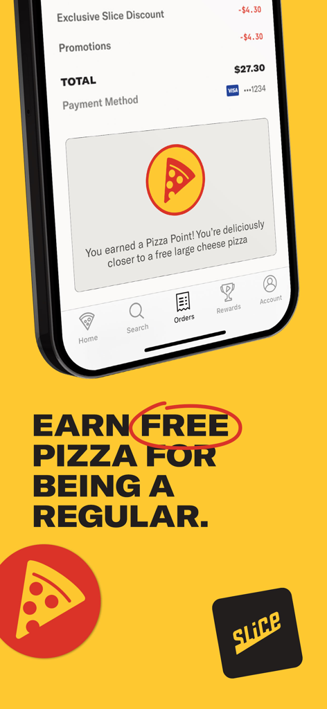 Slice: Pizza Delivery/Pick Up - Slice-Pizza-App-Treueprogramm-Bildschirm, der verdiente Punkte für kostenlose Pizza anzeigt.