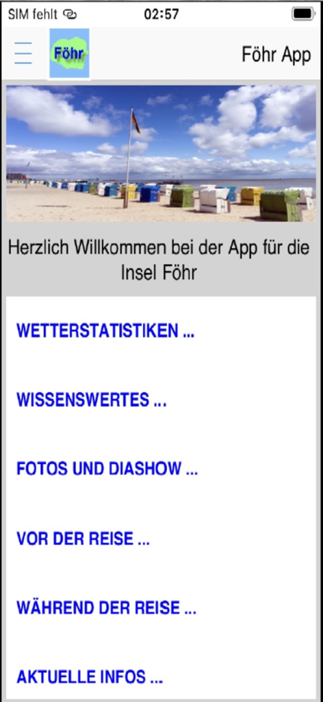 Main menu of the Foehr travel app showing various vacation information categories and a beach photo with strandkorbs