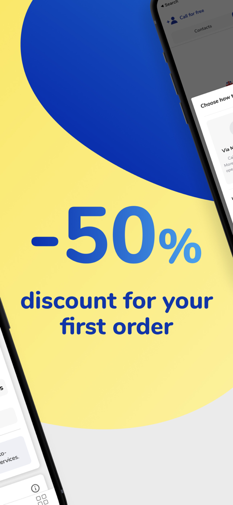 MoreMins: Temp Number & Calls - Promotional banner offering a 50 percent discount on the first order for MoreMins virtual phone number services