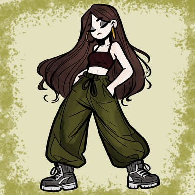 girl in baggy pants crop top and long hair