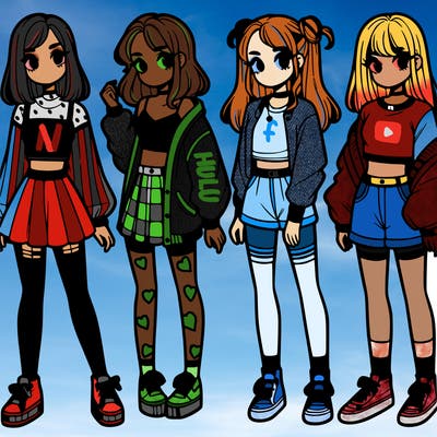 one girl with crop-top shirt and a jacket with a skirt, long socks and another girl with a shirt and pants with a jacket