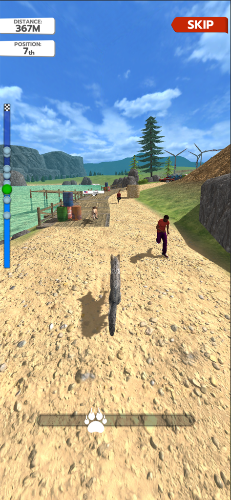 Animal Run: Wild Race - Un loup courant contre des humains et d'autres animaux sur un chemin sablonneux dans un environnement côtier 3D.