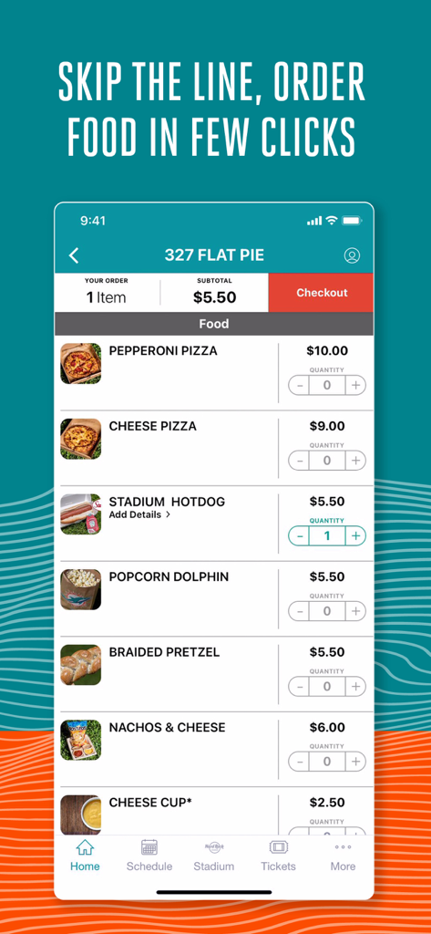 Miami Dolphins - Interface of the Miami Dolphins app for ordering food and concessions at Hard Rock Stadium