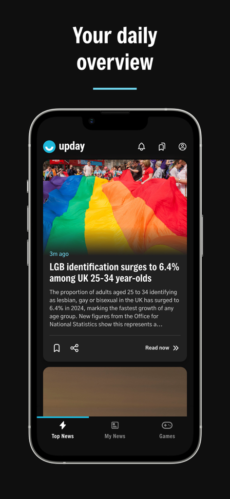 The upday news app interface showing a daily overview of top stories in dark mode.