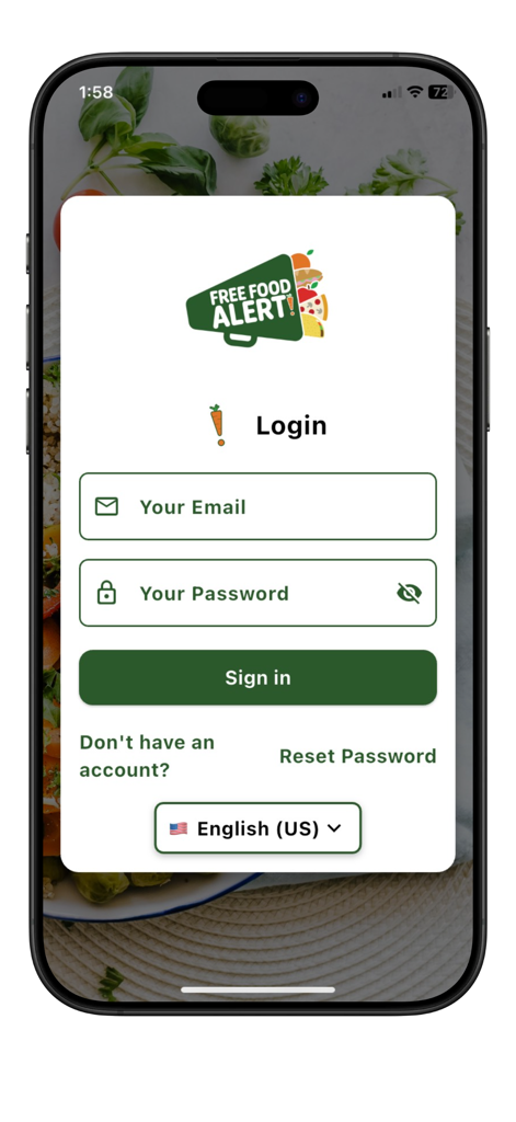 Food Alert On Campus - Food Alert On Campus app login screen with email and password fields