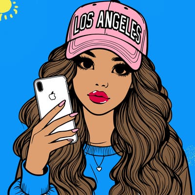 realistic beautiful girl wearing los ángeles cap holding an iphone