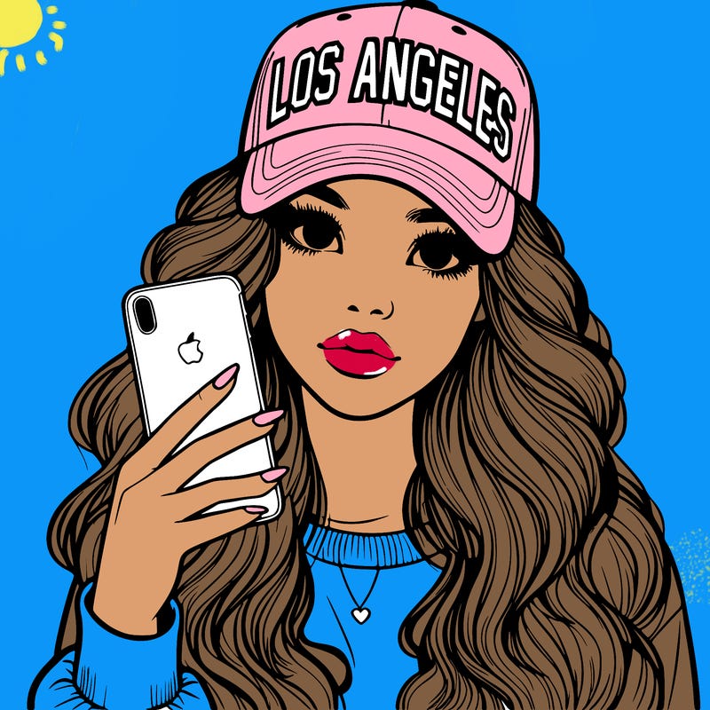 realistic beautiful girl wearing los ángeles cap holding an iphone