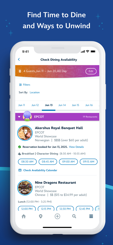 Interface do aplicativo móvel mostrando disponibilidade de restaurantes e horários de reserva para restaurantes no EPCOT