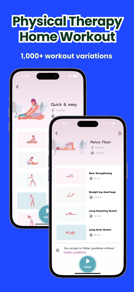 PhysioAI: Posture & Body Scan - Interfaz de la aplicación PhysioAI que muestra una lista de entrenamientos en casa de fisioterapia y variaciones de ejercicios