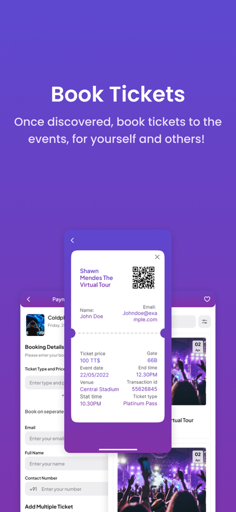 Ticket Box App - Interfaz de la aplicación Ticket Box que muestra una entrada digital de concierto con un código QR y detalles de la reserva.