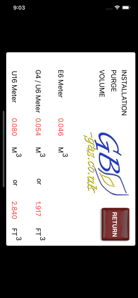 GB Gas Pipe Sizing Calculator - Installation purge volume calculation for E6, U6, and U16 gas meters