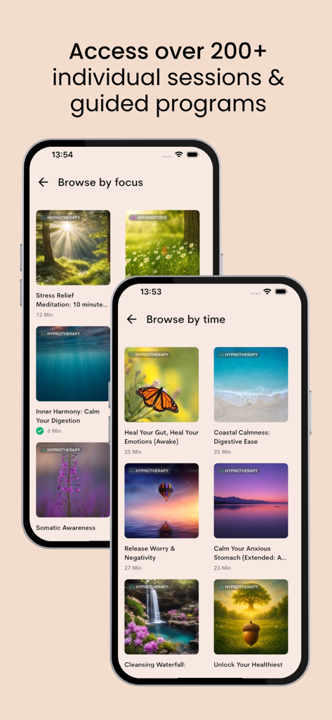 The Calm Gut: IBS Hypnotherapy - Mobile app interface displaying a wide library of IBS hypnotherapy and mindfulness audio sessions categorized by focus and time.