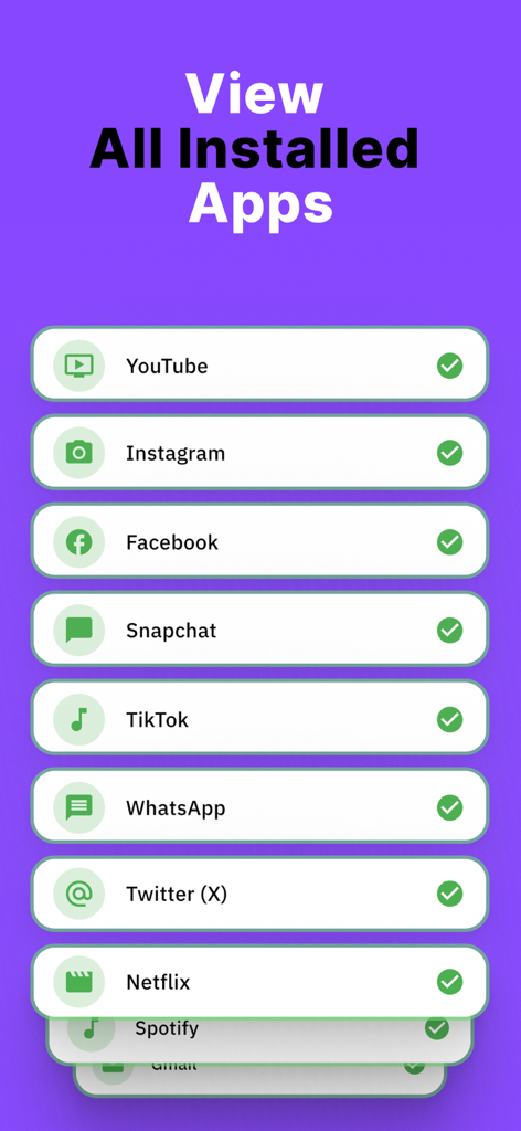 Un écran violet montrant une liste d'applications surveillées, y compris YouTube, Instagram et TikTok avec des coche verts.