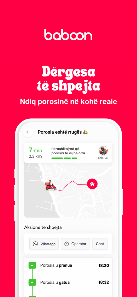 Baboon Delivery mobile app screen displaying a live map for order tracking and estimated delivery time