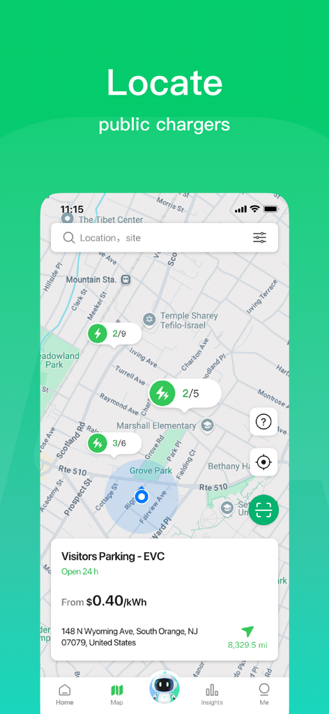 Écran de la carte de l'application Autel Charge pour localiser les bornes de recharge publiques pour véhicules électriques