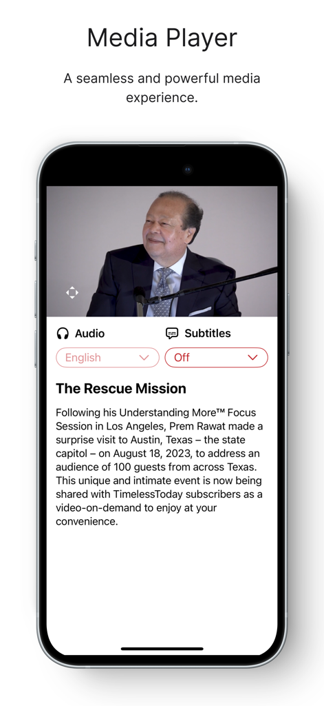 Media player screen in the TimelessToday app showing a video of Prem Rawat and a description of his talk
