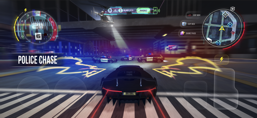 Turbo Tornado: Open World Race - Black sports car facing police cars and a helicopter during a night police chase mission