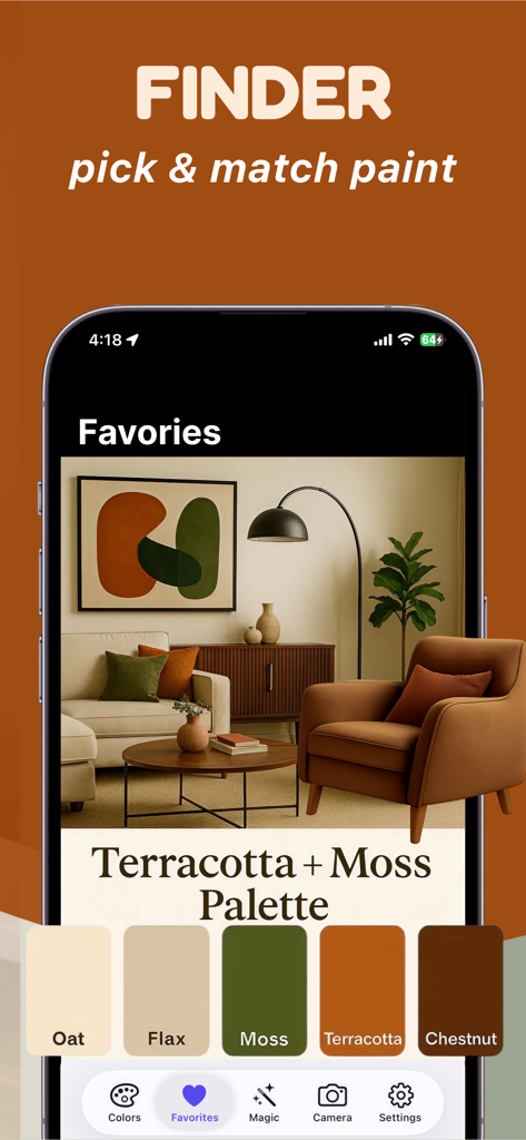 테라코타 및 이끼색 톤의 저장된 인테리어 디자인 색상 팔레트를 보여주는 Color Identifier 앱