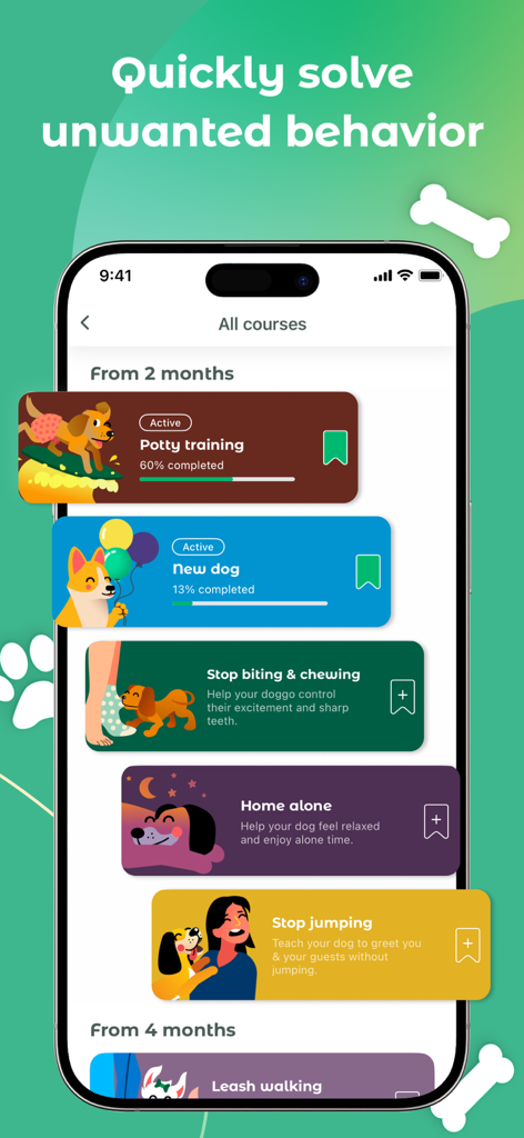 Interface of Dogo app showing various dog training courses like potty training, stop biting, and separation anxiety modules.