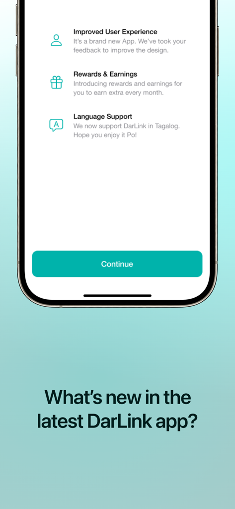 DarLink - DarLink mobile app interface displaying latest updates including user experience improvements and Tagalog language support