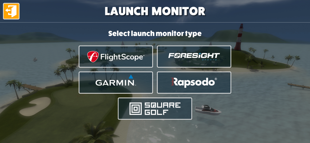 Selection screen for compatible golf launch monitors like Garmin and Rapsodo.