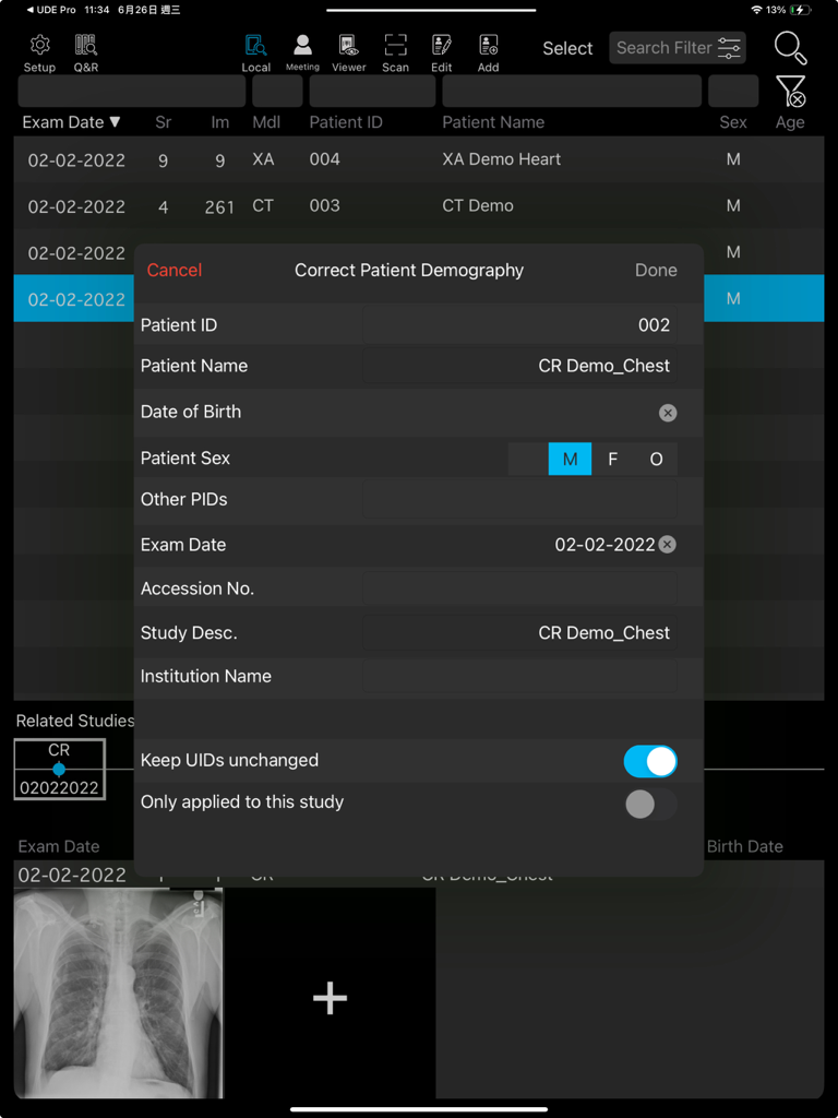 UDE Lite interface showing the patient demography correction modal over a list of medical studies and a chest x-ray thumbnail.