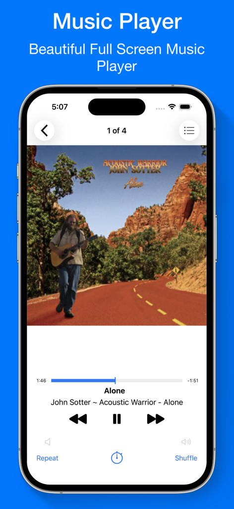 Interfaz de reproductor de música a pantalla completa en la aplicación iFiles mostrando la carátula del álbum y los controles de reproducción.