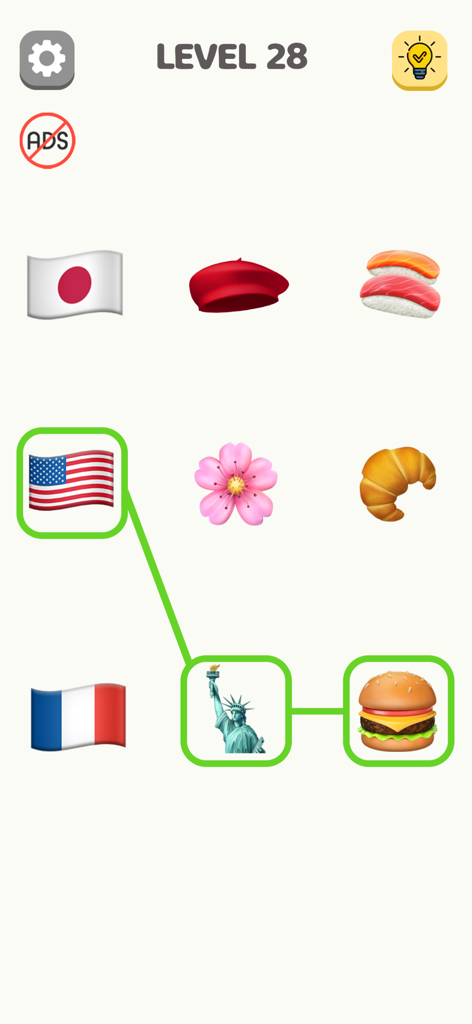 Emoji Puzzle - Fun Emoji Game - Gameplay screenshot of Emoji Puzzle matching the US flag with the Statue of Liberty and a burger