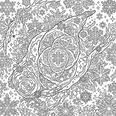 Dive into a breathtaking fusion of cosmic wonder and winter magic with this intricate Cat's Eye Nebula coloring page. Adorned with delicate snowflakes and ethereal icy patterns, it promises a uniquely captivating coloring adventure.