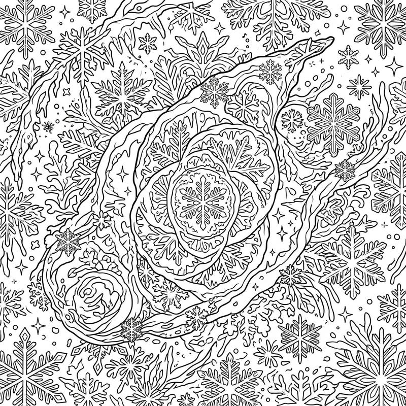 Dive into a breathtaking fusion of cosmic wonder and winter magic with this intricate Cat's Eye Nebula coloring page. Adorned with delicate snowflakes and ethereal icy patterns, it promises a uniquely captivating coloring adventure.