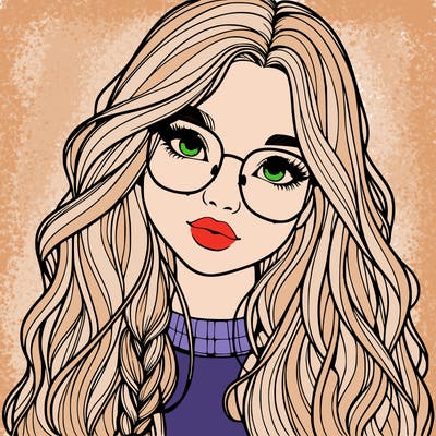 girl with long hair and freckles and glasses realistic