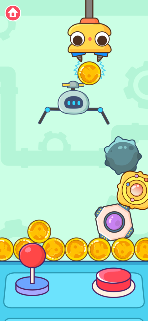 Claw Machine Games for kids - A yellow cartoon claw machine grabbing a golden dinosaur coin above other prizes and game controls.