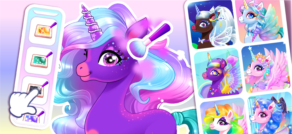 A purple unicorn being decorated with makeup and accessories in a creative dress up game for children.