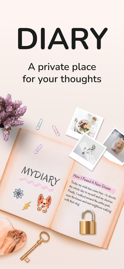 Daily Journal: Diary with Lock - ステッカー、写真、安全なジャーナリングを表す金の南京錠が付いた、美的なプライベート日記インターフェース