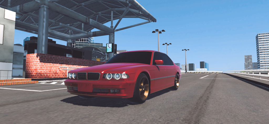 Un sedán deportivo de lujo rojo en una autopista urbana abierta en un juego de carreras de coches