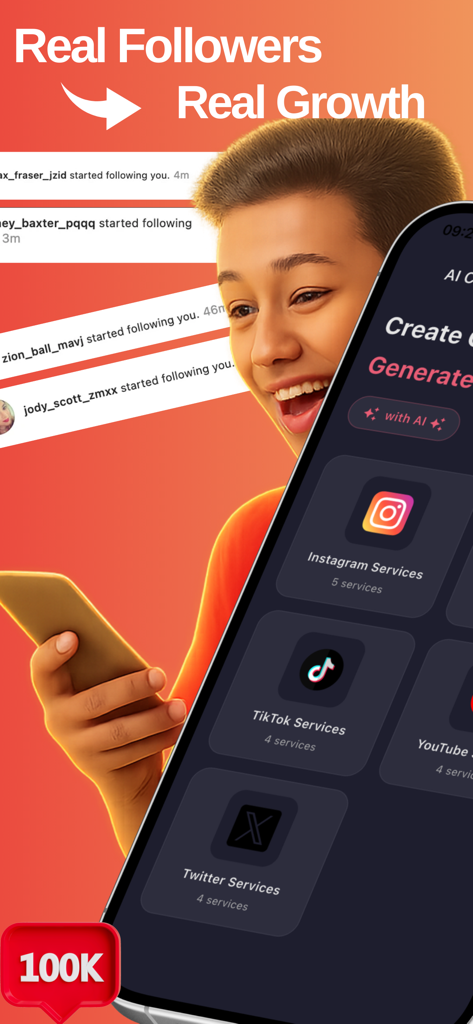 Real Followers and Likes - Eine lächelnde Person mit Social-Media-Benachrichtigungen und einer App-Oberfläche, die Wachstumsdienste für Instagram und TikTok zeigt.