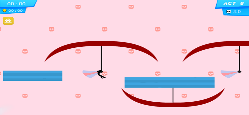 Vex 2 : Stick Parkour - Stickman character swinging past red obstacles in a pink level in Vex 2 Stick Parkour.