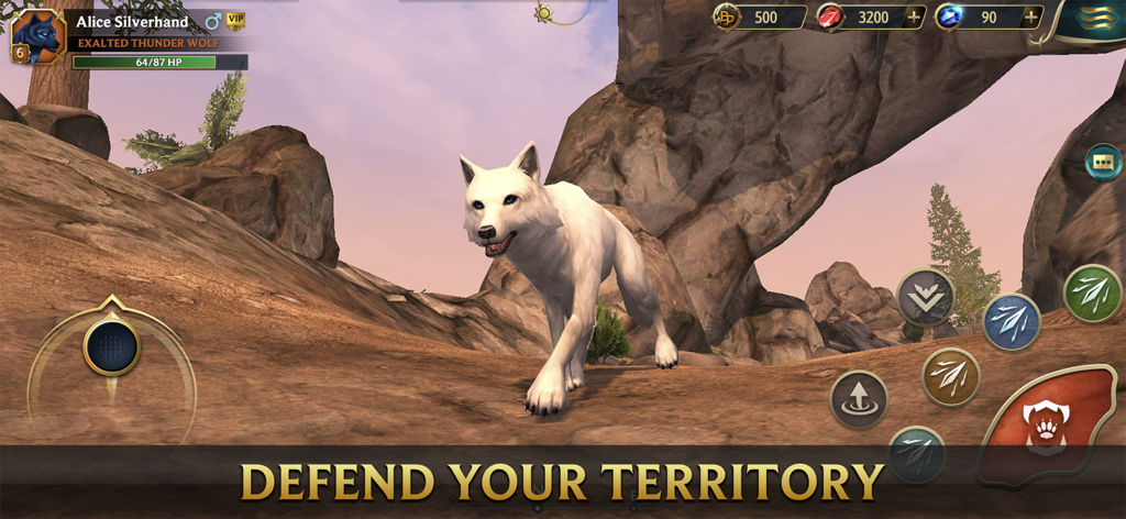 Wolf Tales RPG에서 바위 지형을 걸어가는 하얀 늑대와 '영토 방어'라는 텍스트