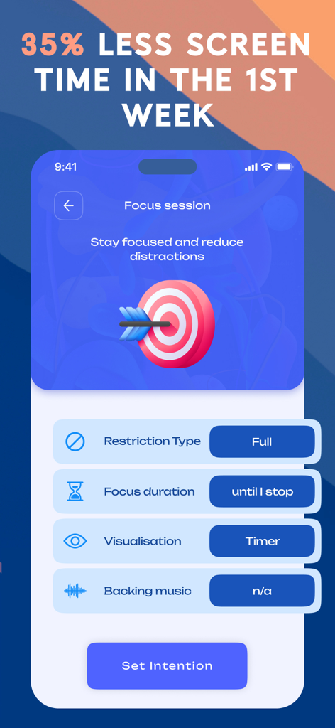 Screen Time Blocker: app Limit - Mobile app screen for setting up a focus session to block distractions and improve productivity