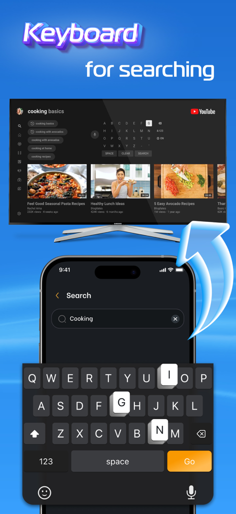 Universal Remote for TV Smart app displaying the keyboard search feature for easy typing on a television screen.