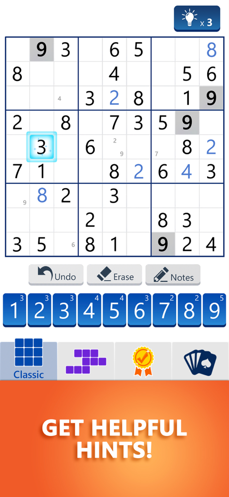 A classic Sudoku gameplay screen featuring a hint system and a puzzle grid.