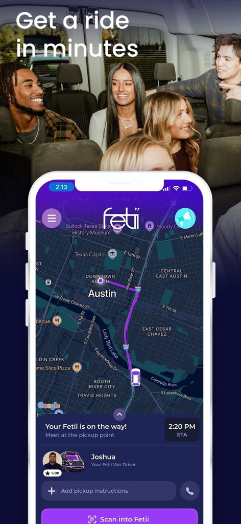 Fetii Ride - Application Fetii Ride montrant une carte de réservation de navette à Austin et des passagers heureux à l'intérieur d'un van.