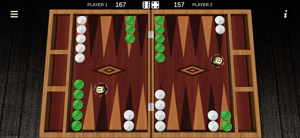 Backgammon - Two player - A top down view of a realistic wooden backgammon board with green and white checkers and two dice